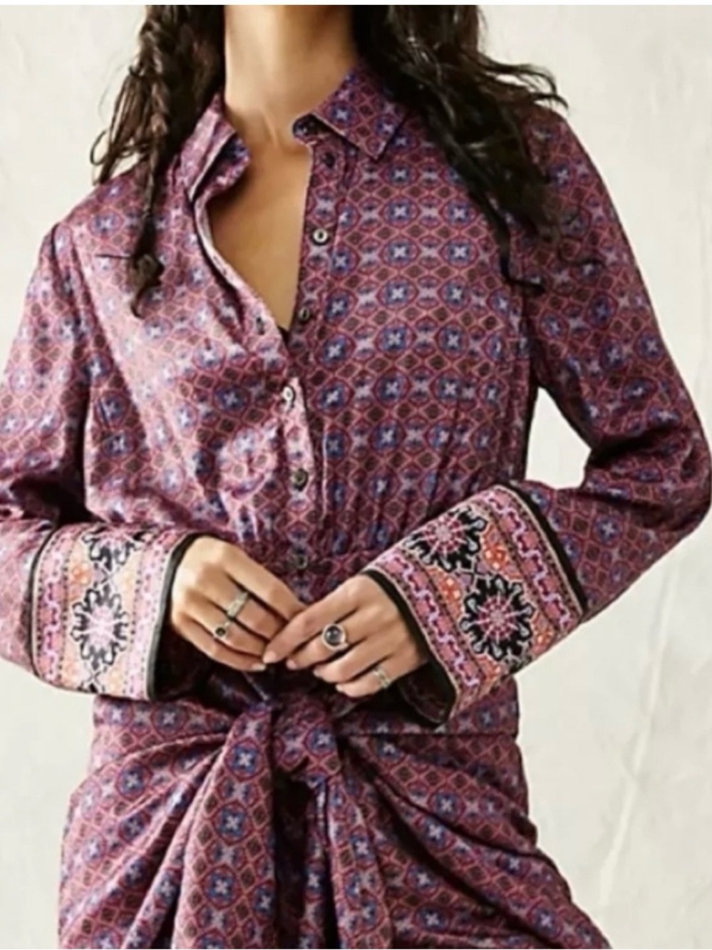 Free People Purple Printed Long Sleeve Button-Up Dress
